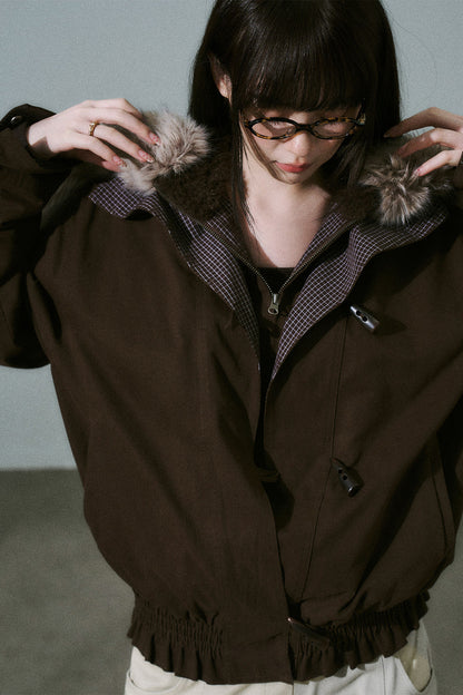 Horn Button Plaid Fur Collar Jacket