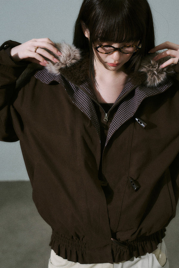 Horn Button Plaid Fur Collar Jacket