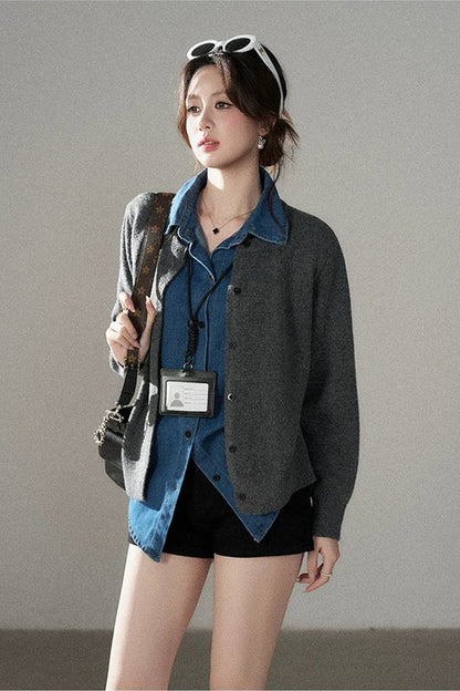 Layered-Look Denim Collar Sweater