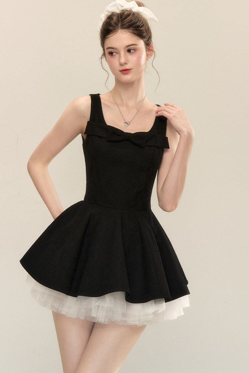 Bow Neck Spaghetti Strap Puffy Dress