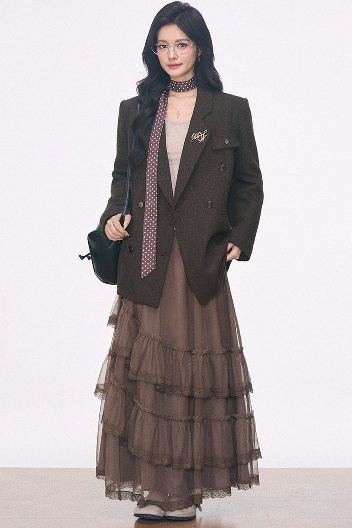 Woolen Blazer and Mesh Skirt Set-Up