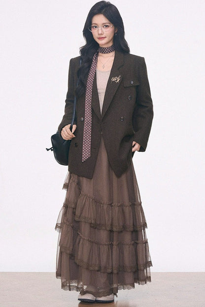 Woolen Blazer and Mesh Skirt Set-Up