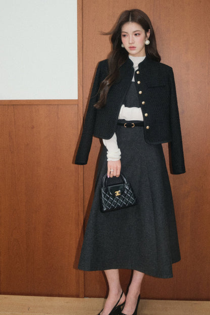 Black Tweed Jacket and Square-Neck Dress Set-Up