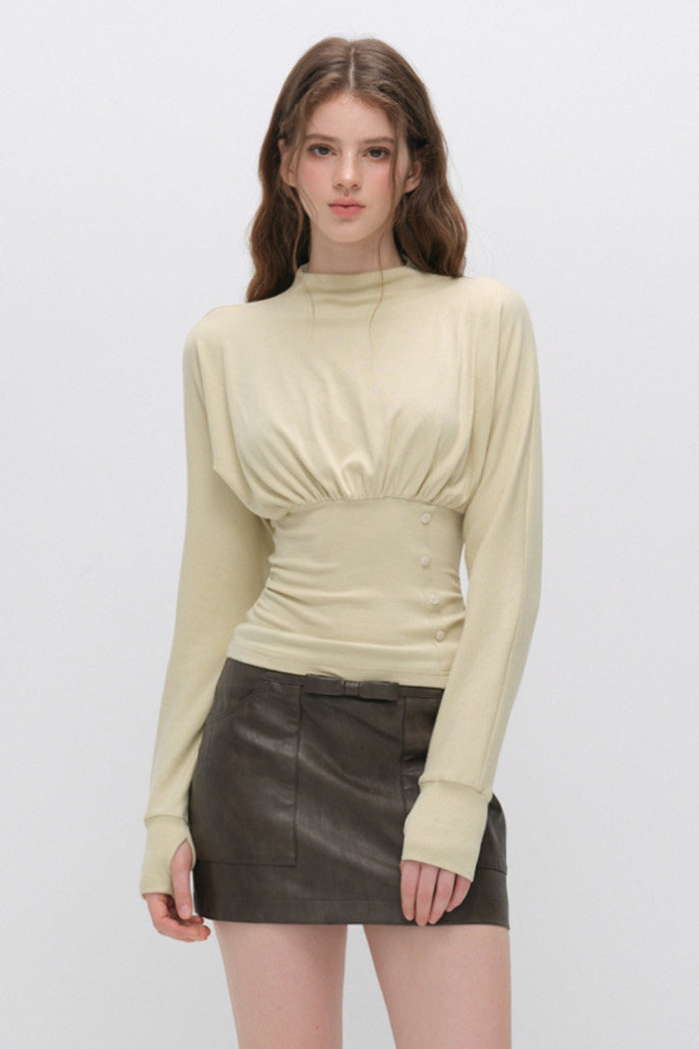 Pleated Side Button Knit Top and Skirt Set-Up