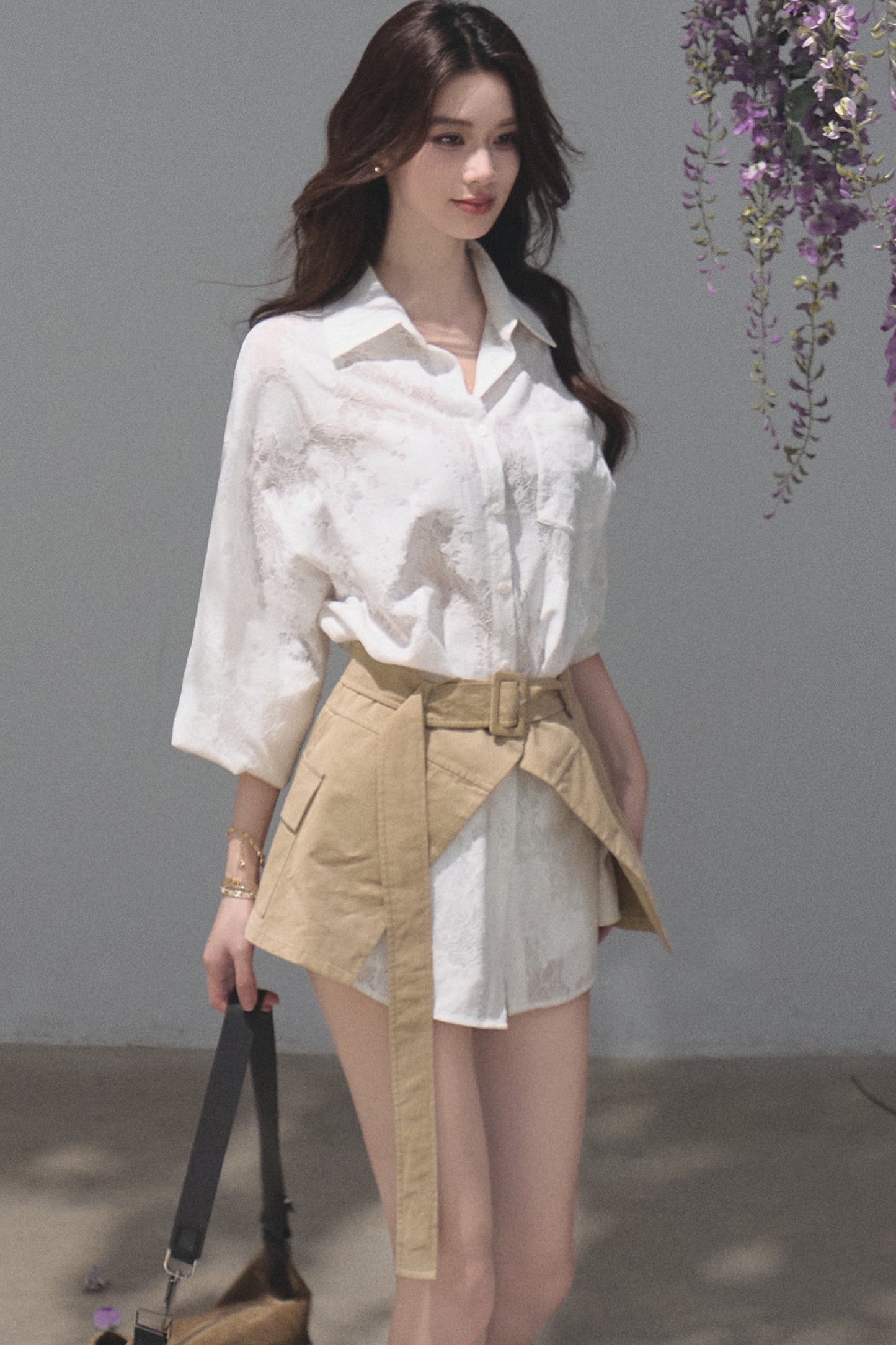 Natural Sequence Lace Shirt Set