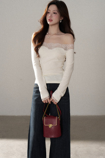 One-Shoulder Lace Knit Top and Jeans Set-Up