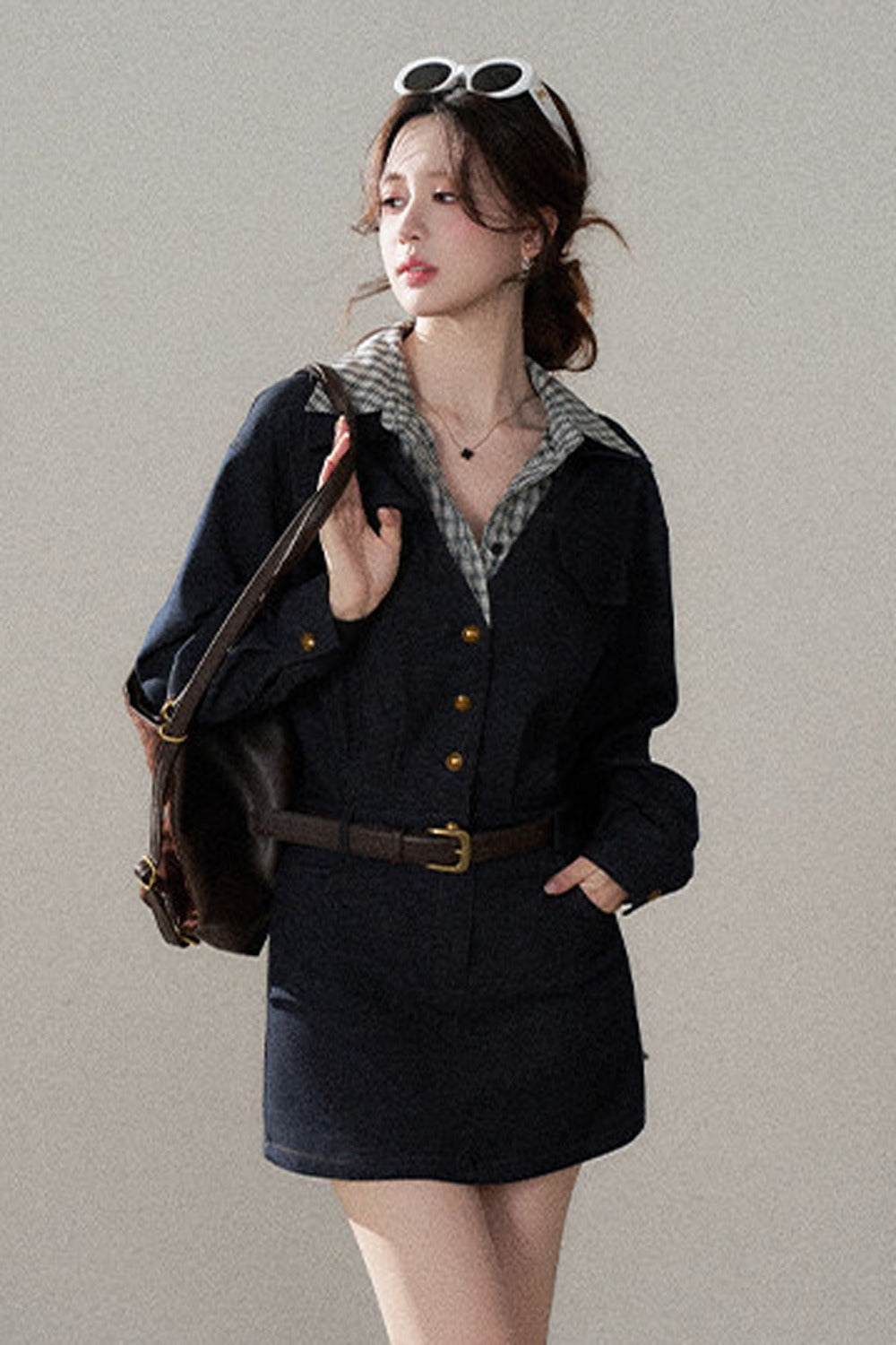 Robe trapèze taille haute à manches longues
