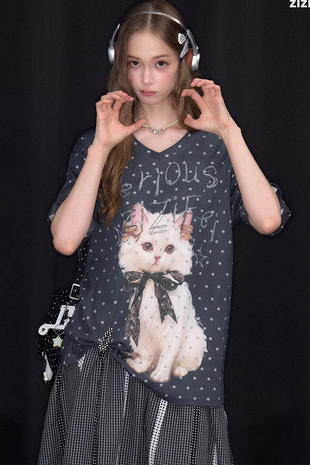 Top Scollo a V Grigio con Pois Gatto
