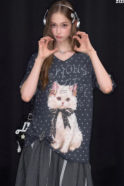 Top Scollo a V Grigio con Pois Gatto