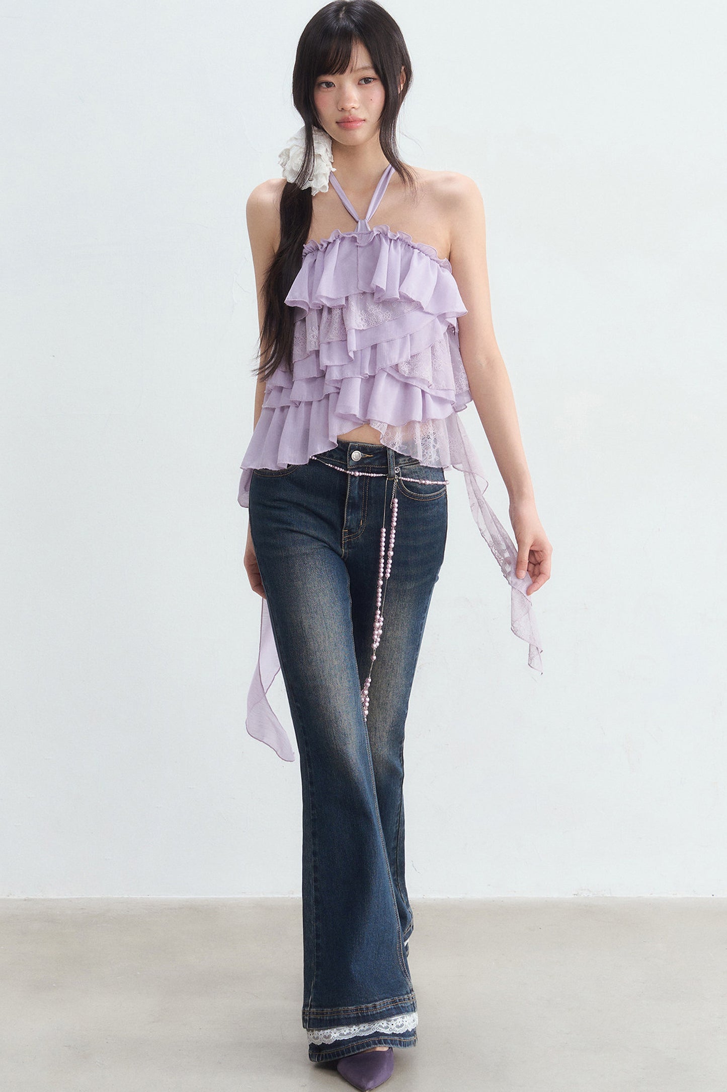 Multi-Layer Ruffle Lace Halter Top and Pants Set