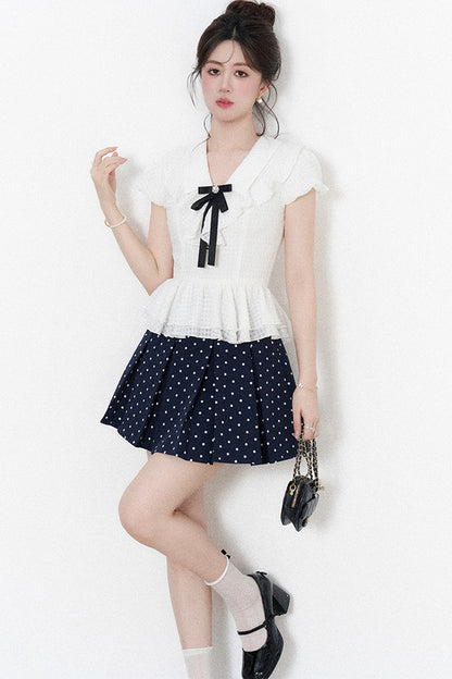 High-Waisted Polka Dot Skirt with Ruffle Shirt Set
