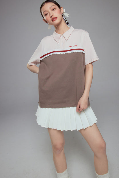 Color Block Lace Trim Cotton Polo