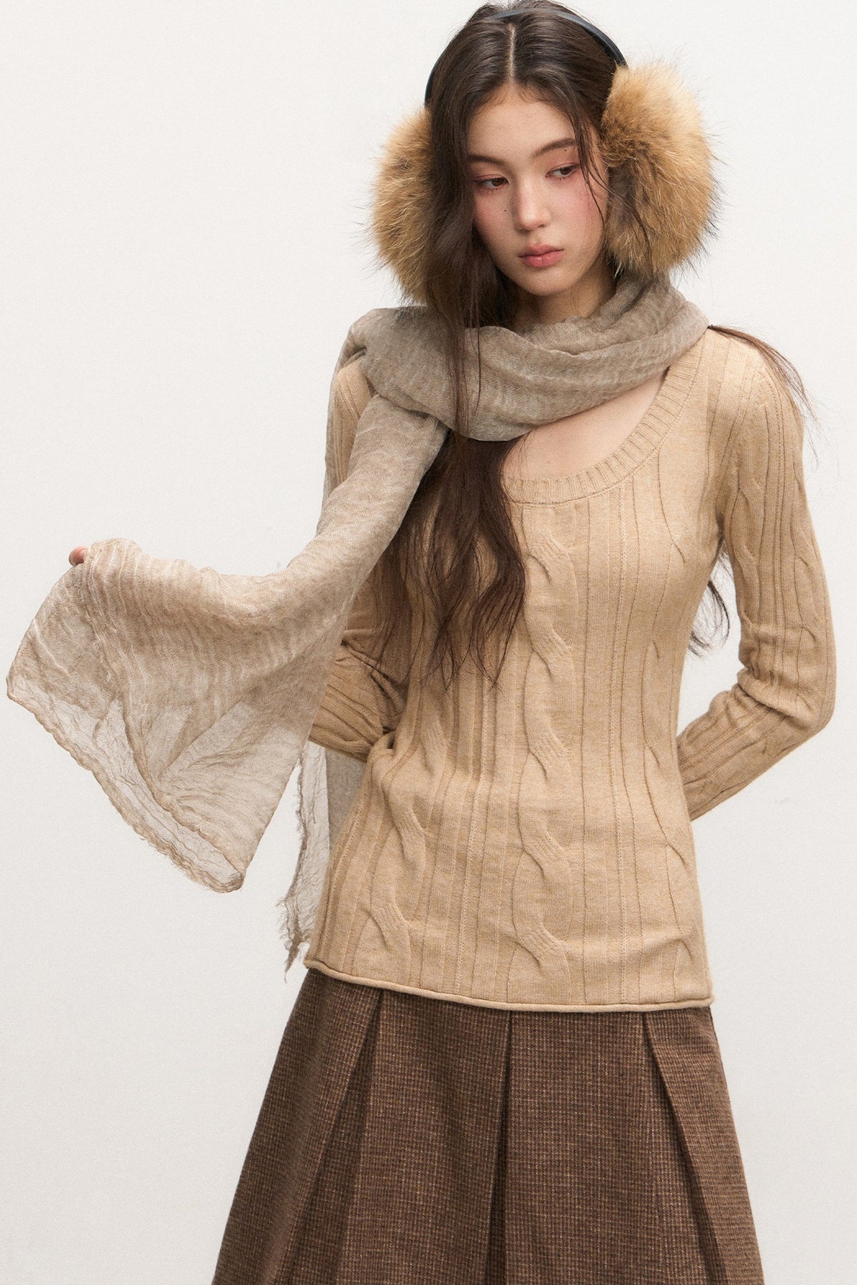 Beige Knit Base Layer Top Set-Up