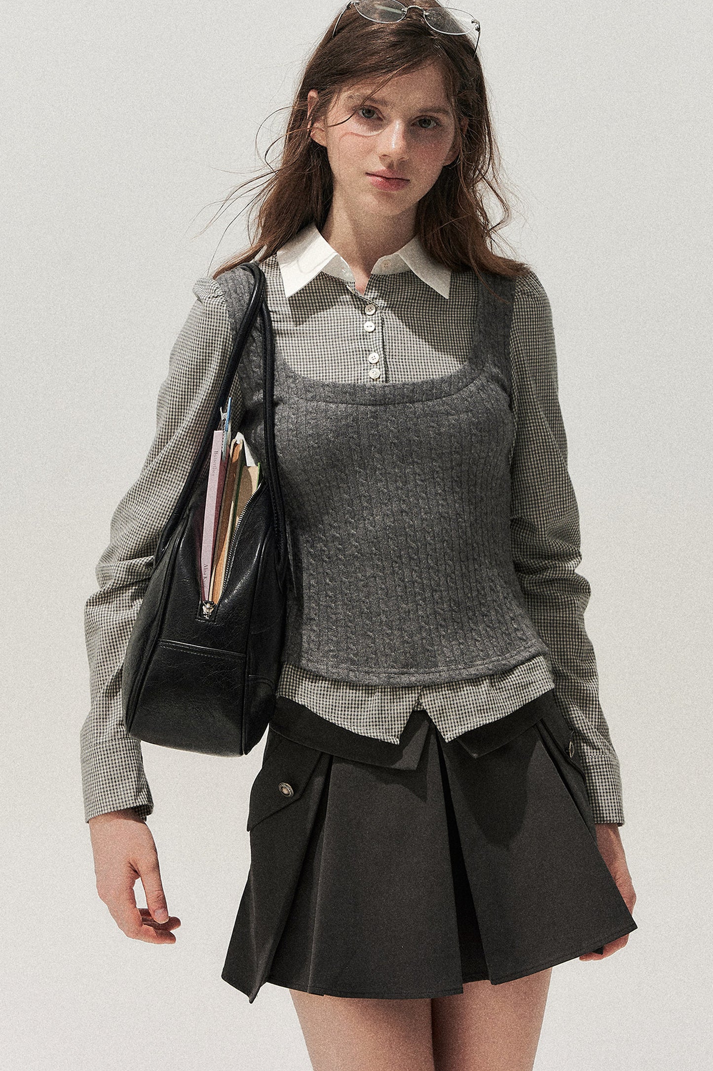 Double Waistband Gray Pleated Skirt