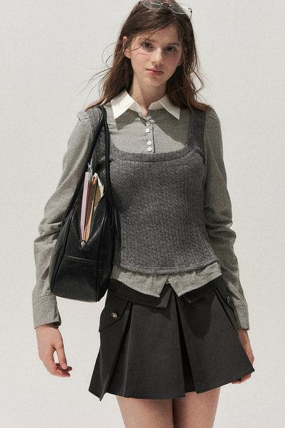 Double Waistband Gray Pleated Skirt