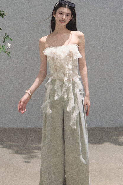 Gold Silk Linen Wide-Leg Pants