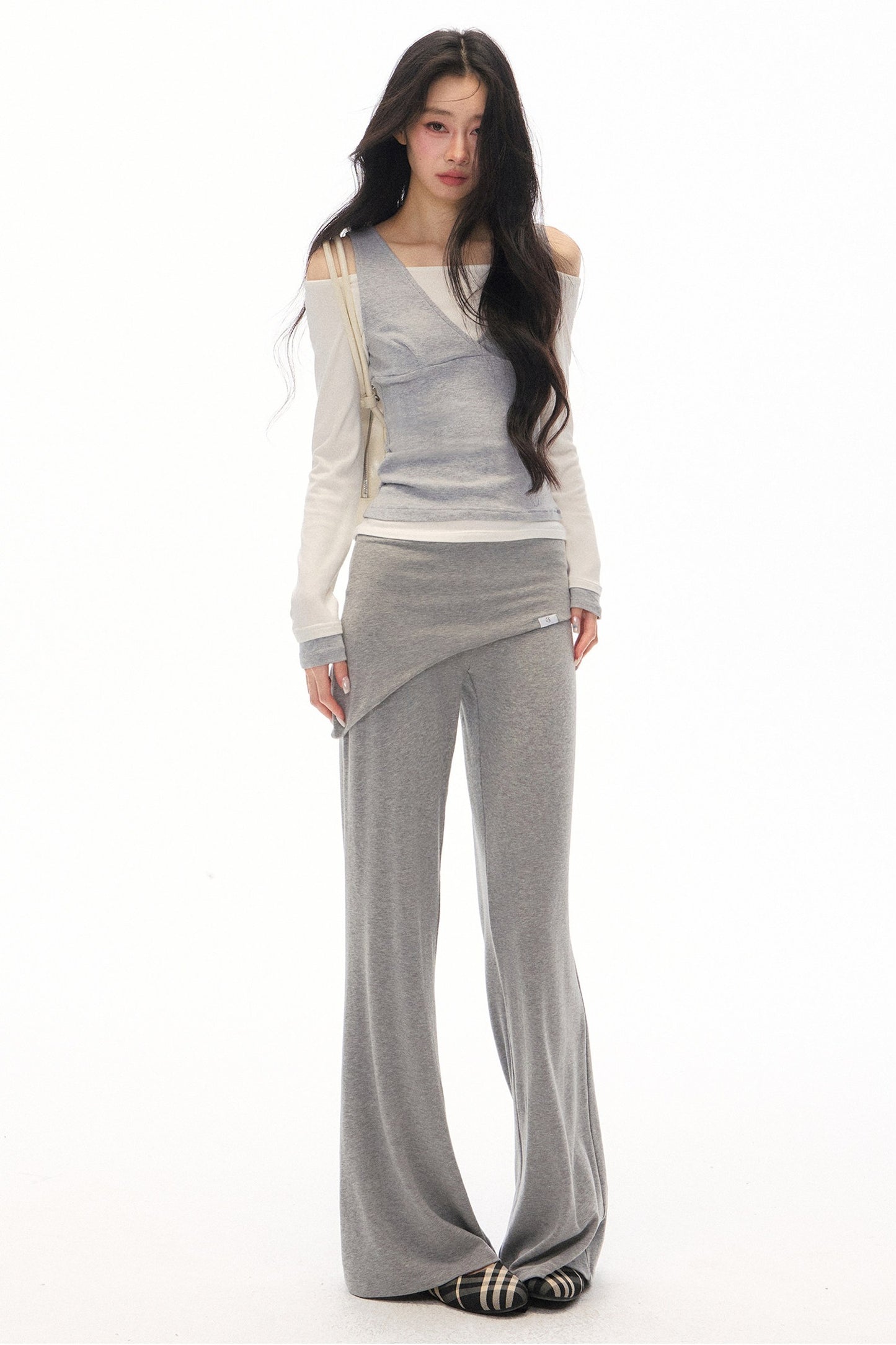 One-Shoulder V-Neck Long-Sleeve T-Shirt and Pants Set-Up