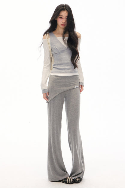 One-Shoulder V-Neck Long-Sleeve T-Shirt and Pants Set-Up