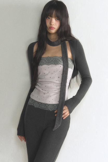 Lace Tube Top With Vest and Pants Set-Up