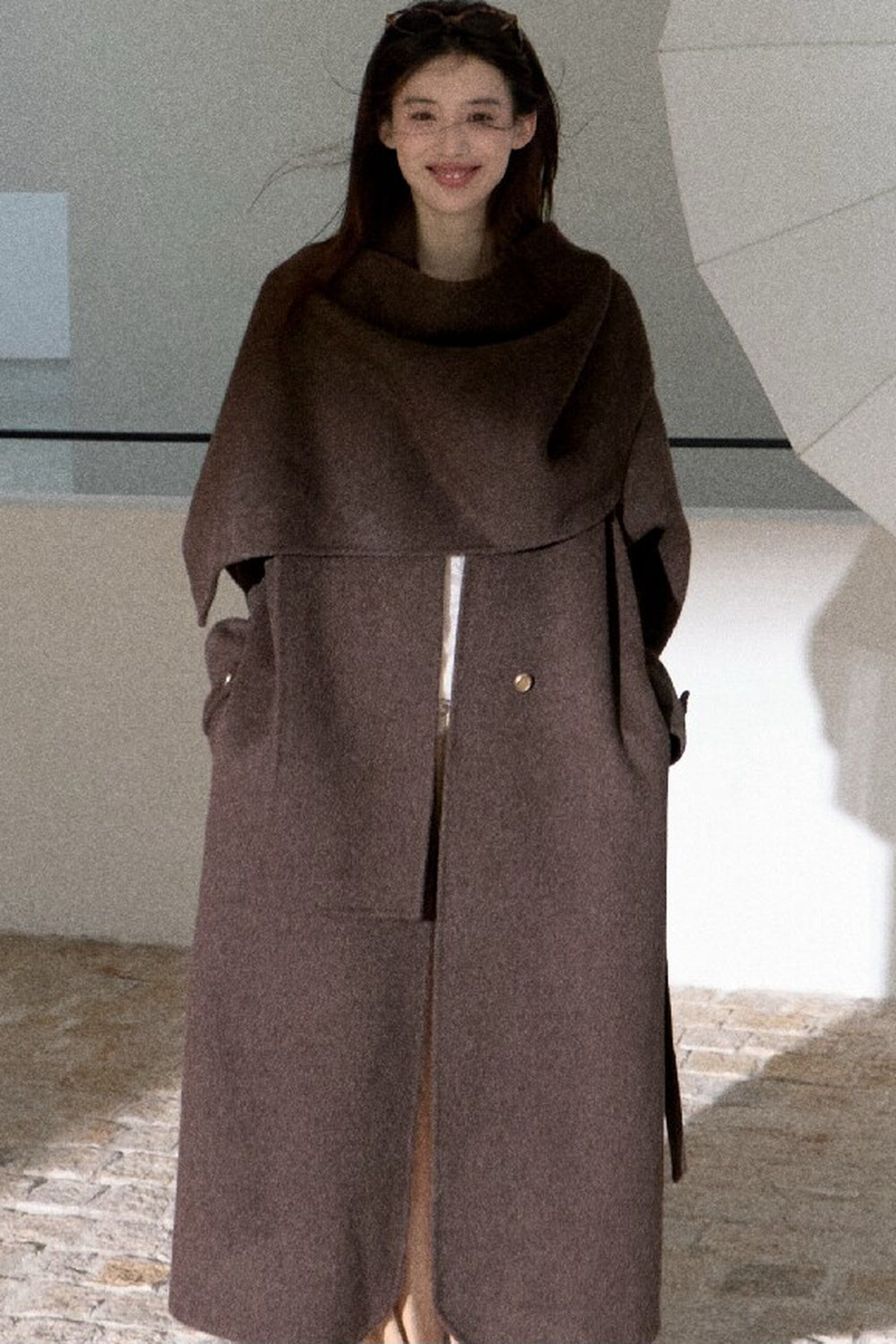 Double-Sided Wool Scarf Collar Coat