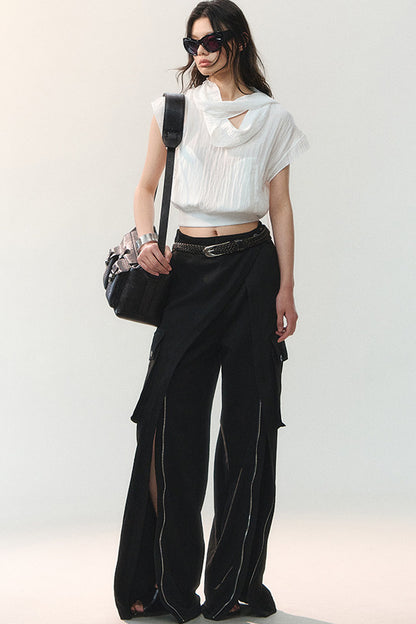 Drape Collar Short Sleeve Shirt With Tie