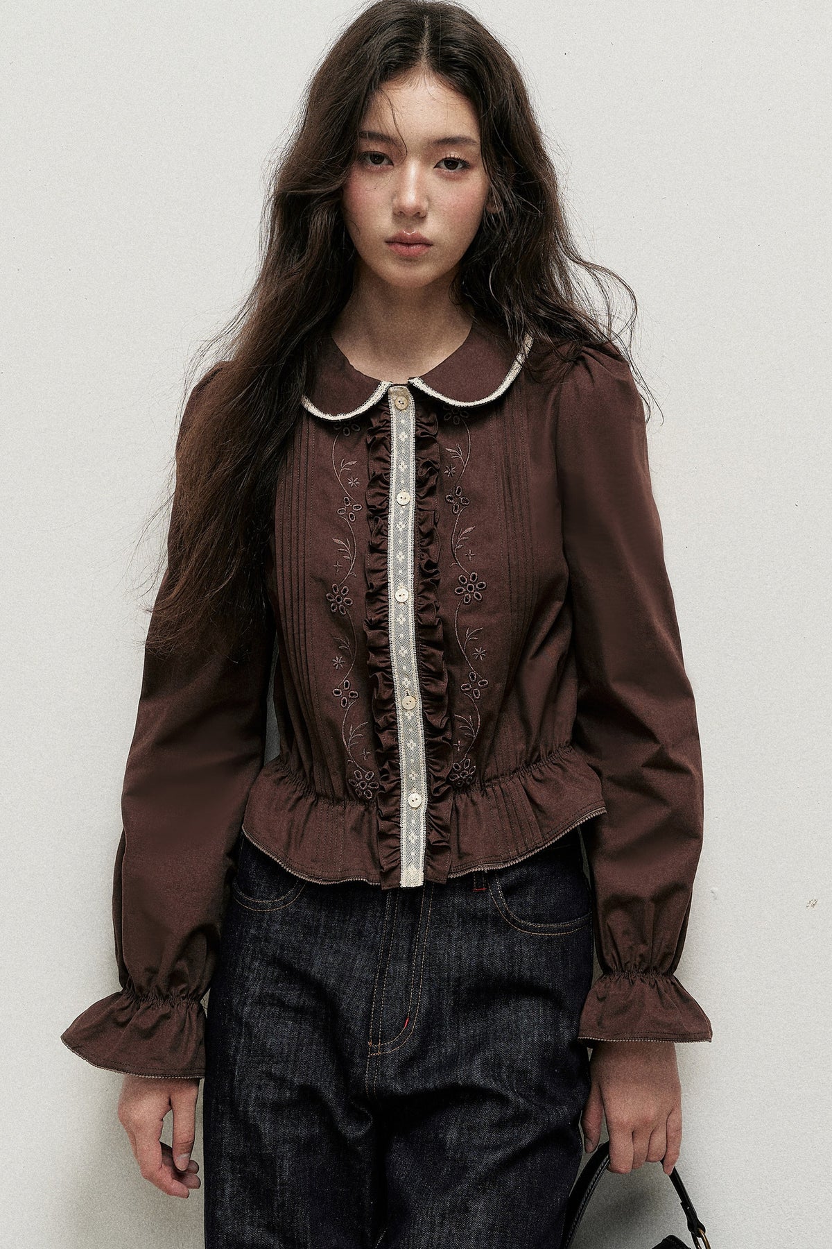 Brown Cotton Linen Doll Collar Shirt