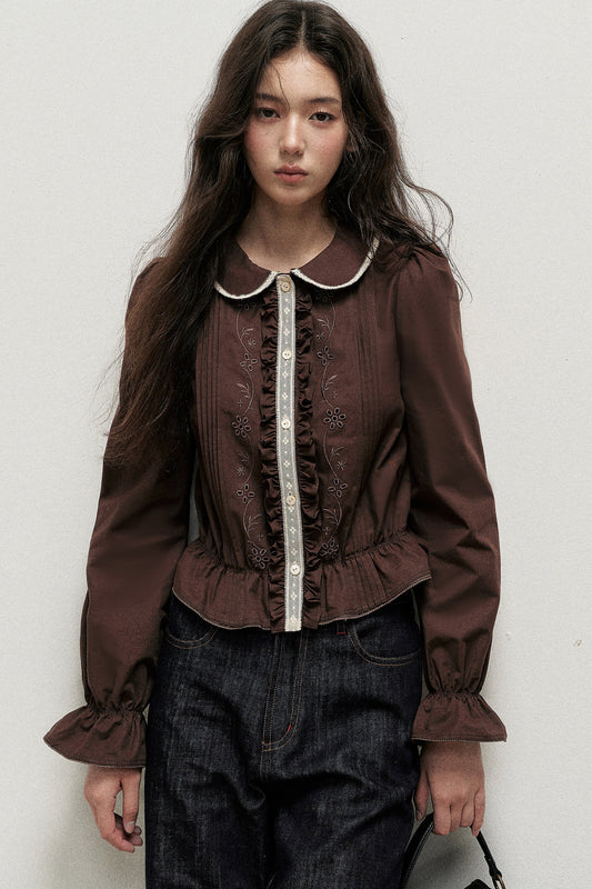 Brown Cotton Linen Doll Collar Shirt