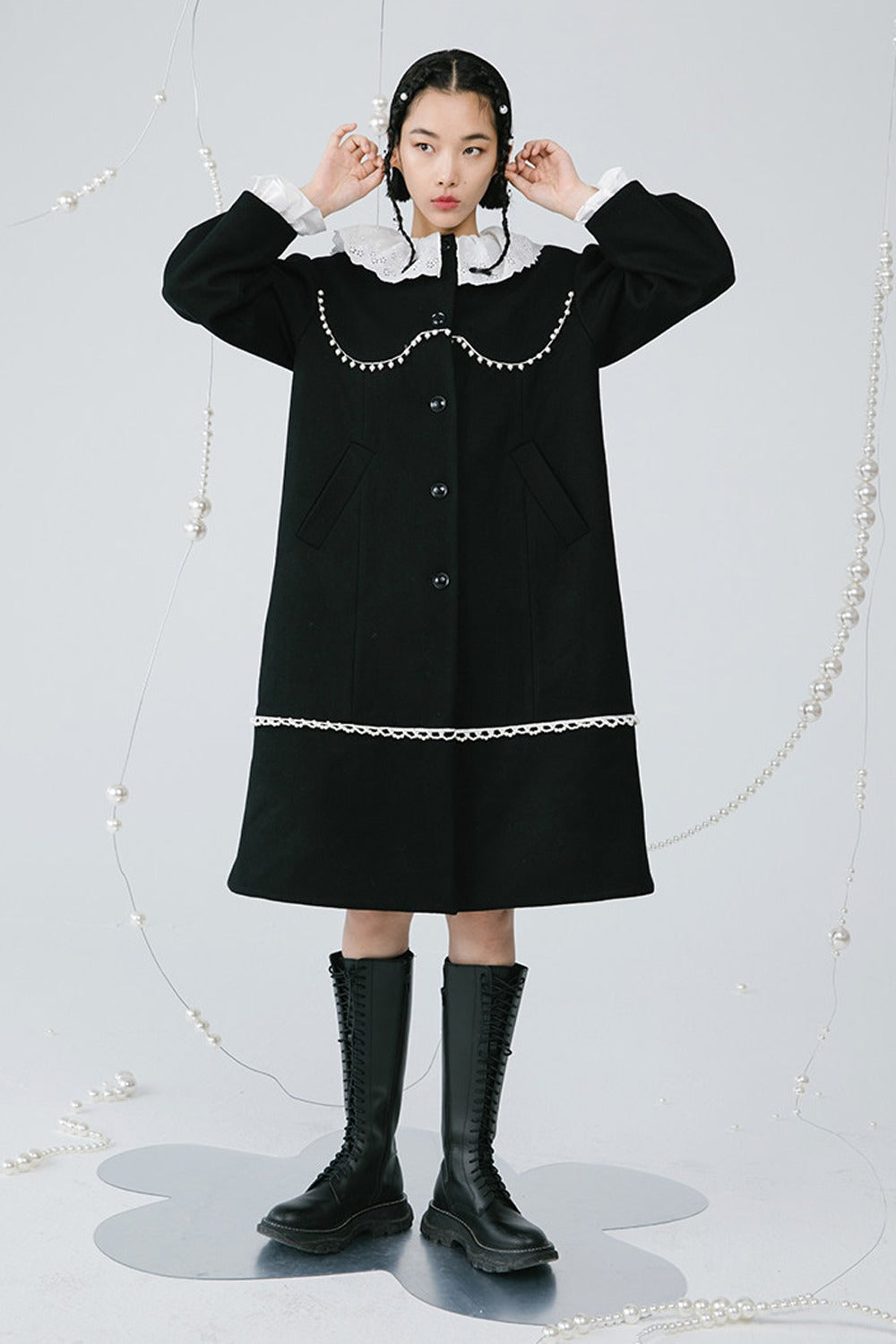 Black Pearl Lace Wool Coat
