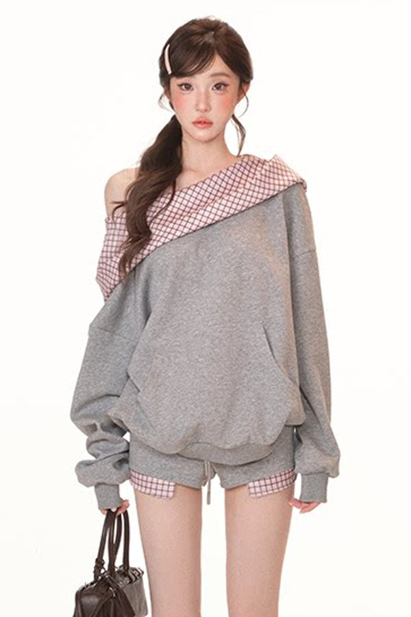 Gray Plaid Patchwork Sweatshirt and Shorts Set-Up