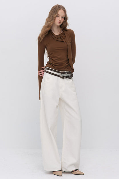 Irregular Ruched Halter Ribbon T-Shirt