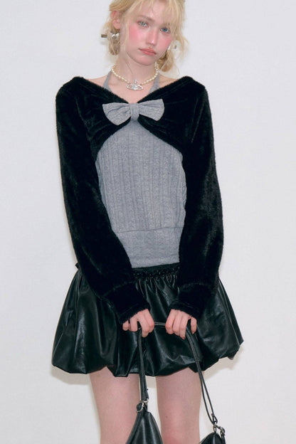 Gray Halter Bow Knit Sweater