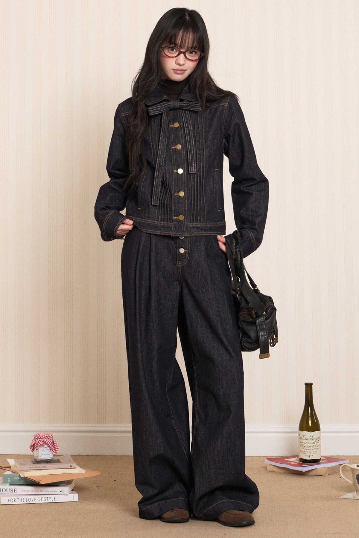 Washed Denim Lapel Tie Jacket