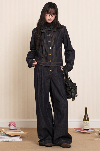 Washed Denim Lapel Tie Jacket