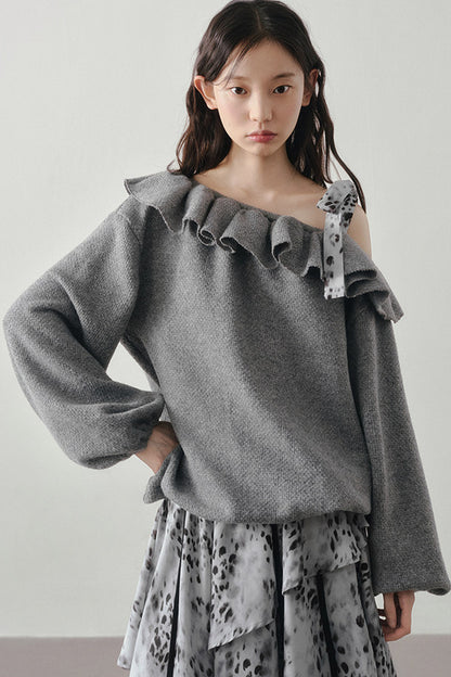 Gray Off-Shoulder Sweater Leopard Skirt Set-Up