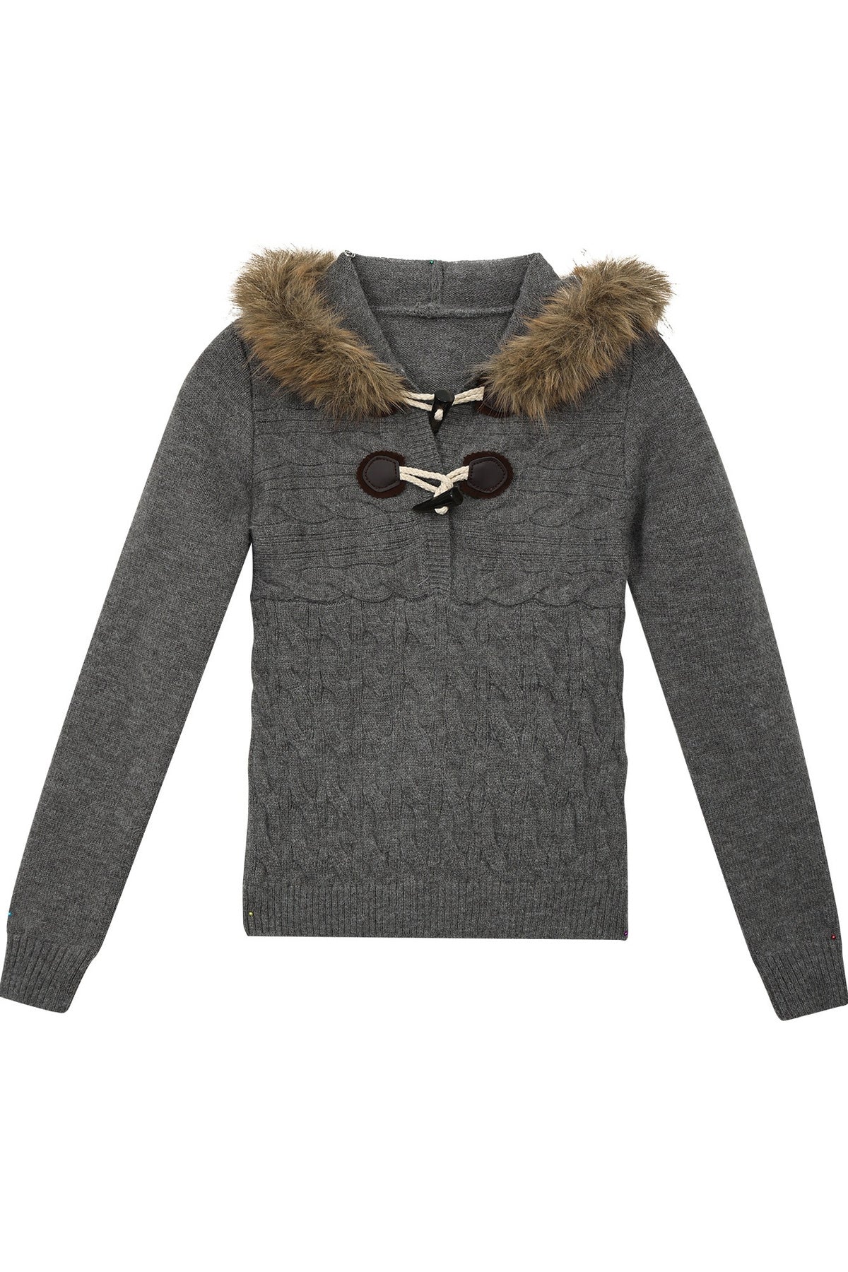 Zopfstrickpullover mit Fellkragen und Knebelverschlüssen