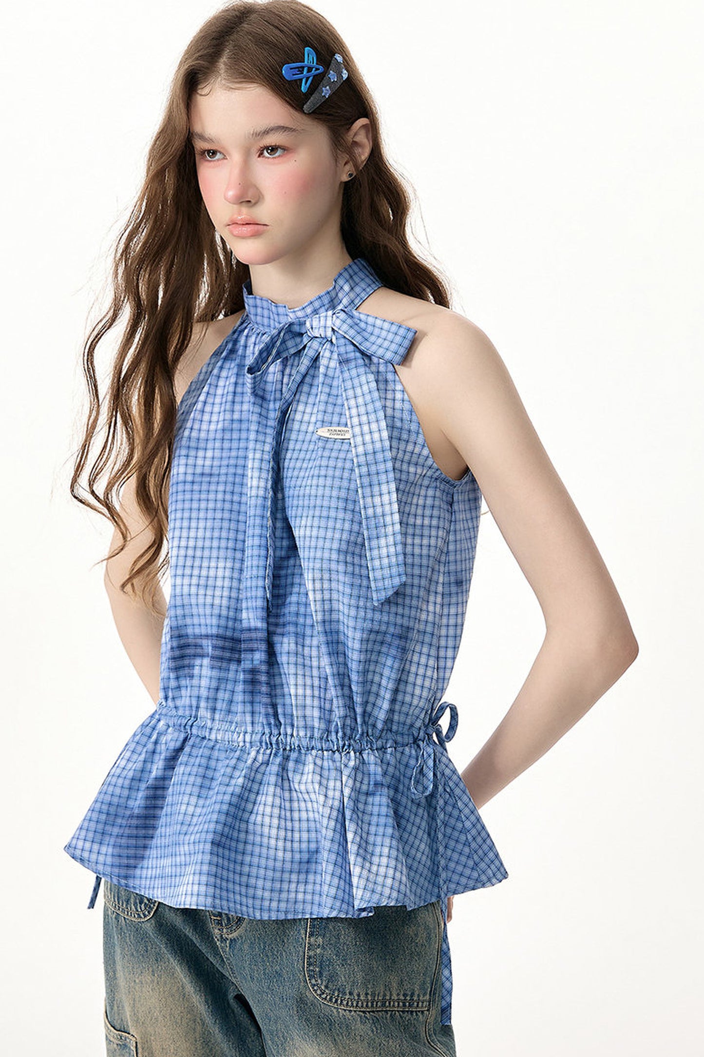 Blue Plaid Bow Halter Top