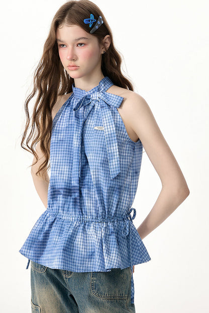 Blue Plaid Bow Halter Top
