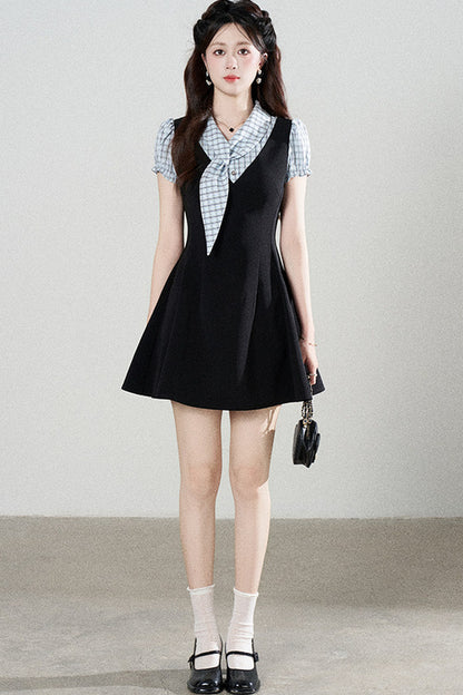 Black Short-Sleeved Patchwork Plaid A-Line Dress