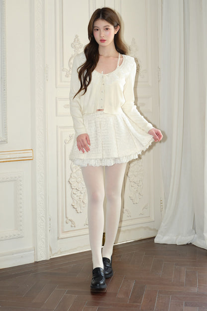 Tassel Sequin Pleated Lace Skirt