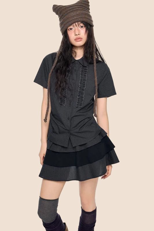 Plaid Pleated Blouse and Cake Skirt Set-Up