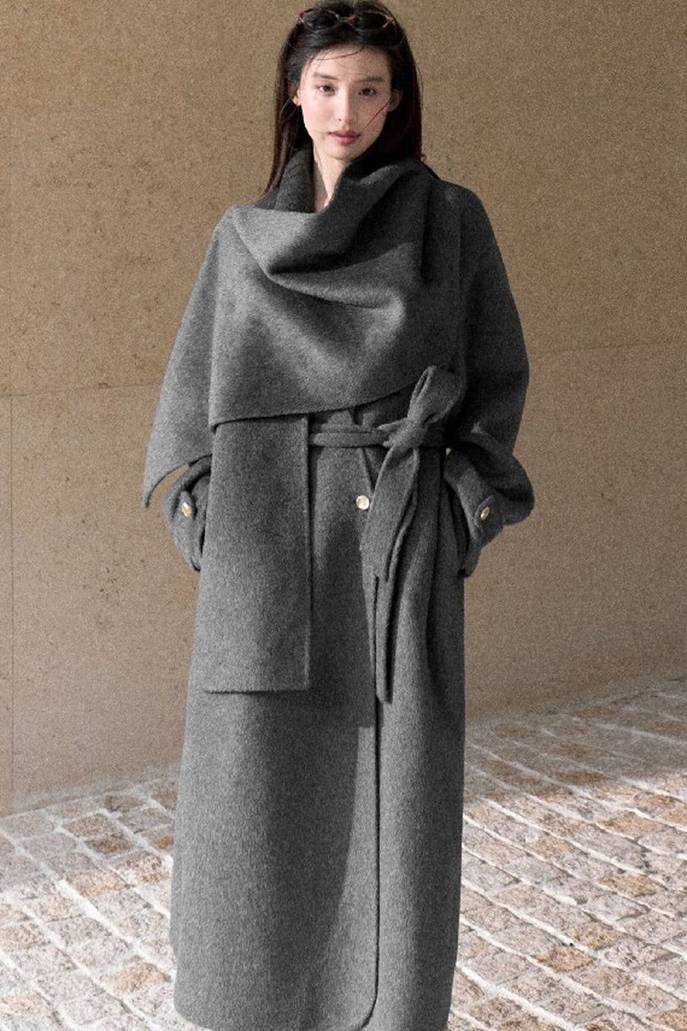 Double-Sided Wool Scarf Collar Coat