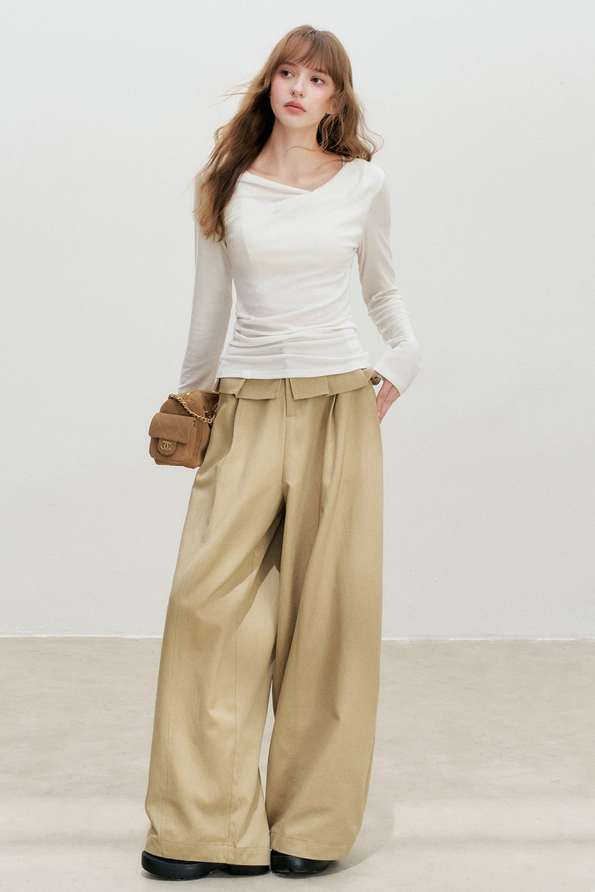 Lyocell Overlapping Pleated Long-Sleeve T-Shirt