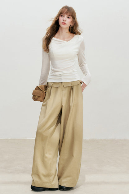 Lyocell Overlapping Pleated Long-Sleeve T-Shirt