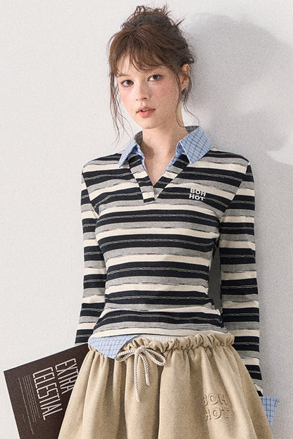 Striped Layered-Look Long-Sleeve Polo Shirt