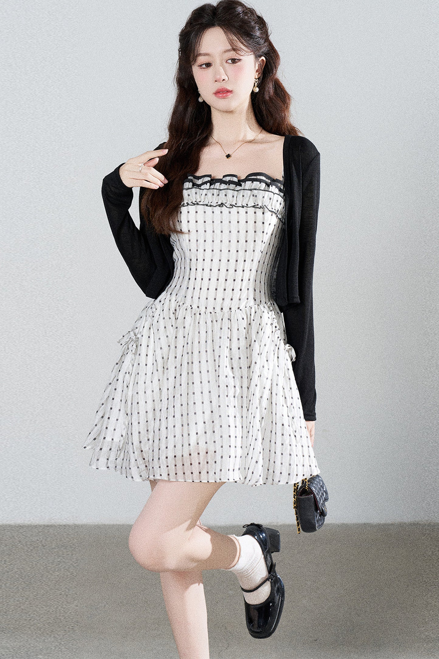 Petite Ruffled Plaid Chiffon Camisole Dress Set-Up
