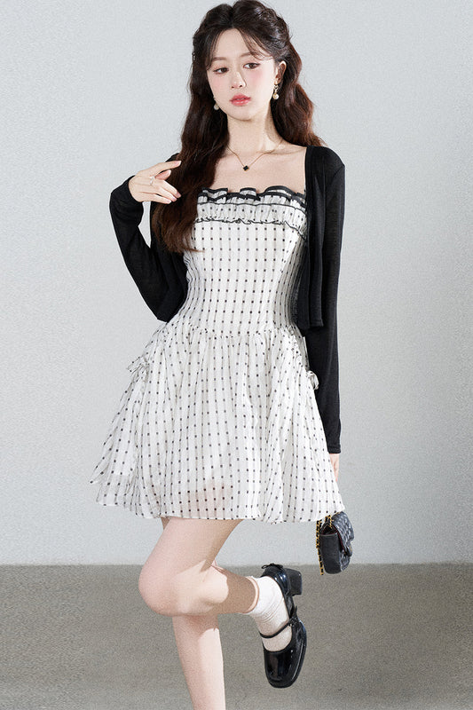 Petite Ruffled Plaid Chiffon Camisole Dress Set-Up