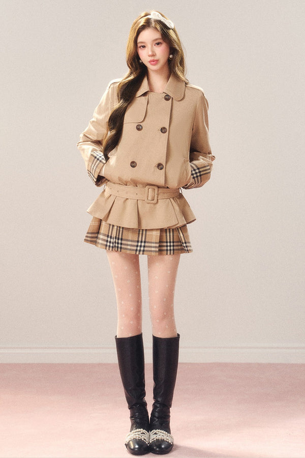 Double-Breasted Plaid Trench Coat and Skirt Set-Up