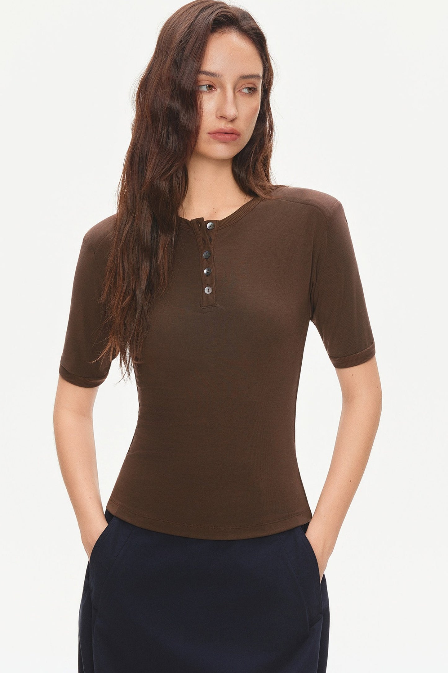 Padded Shoulder Henley Knit Top