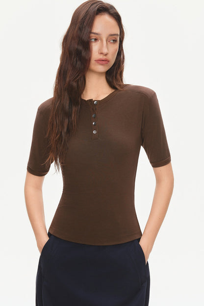 Padded Shoulder Henley Knit Top