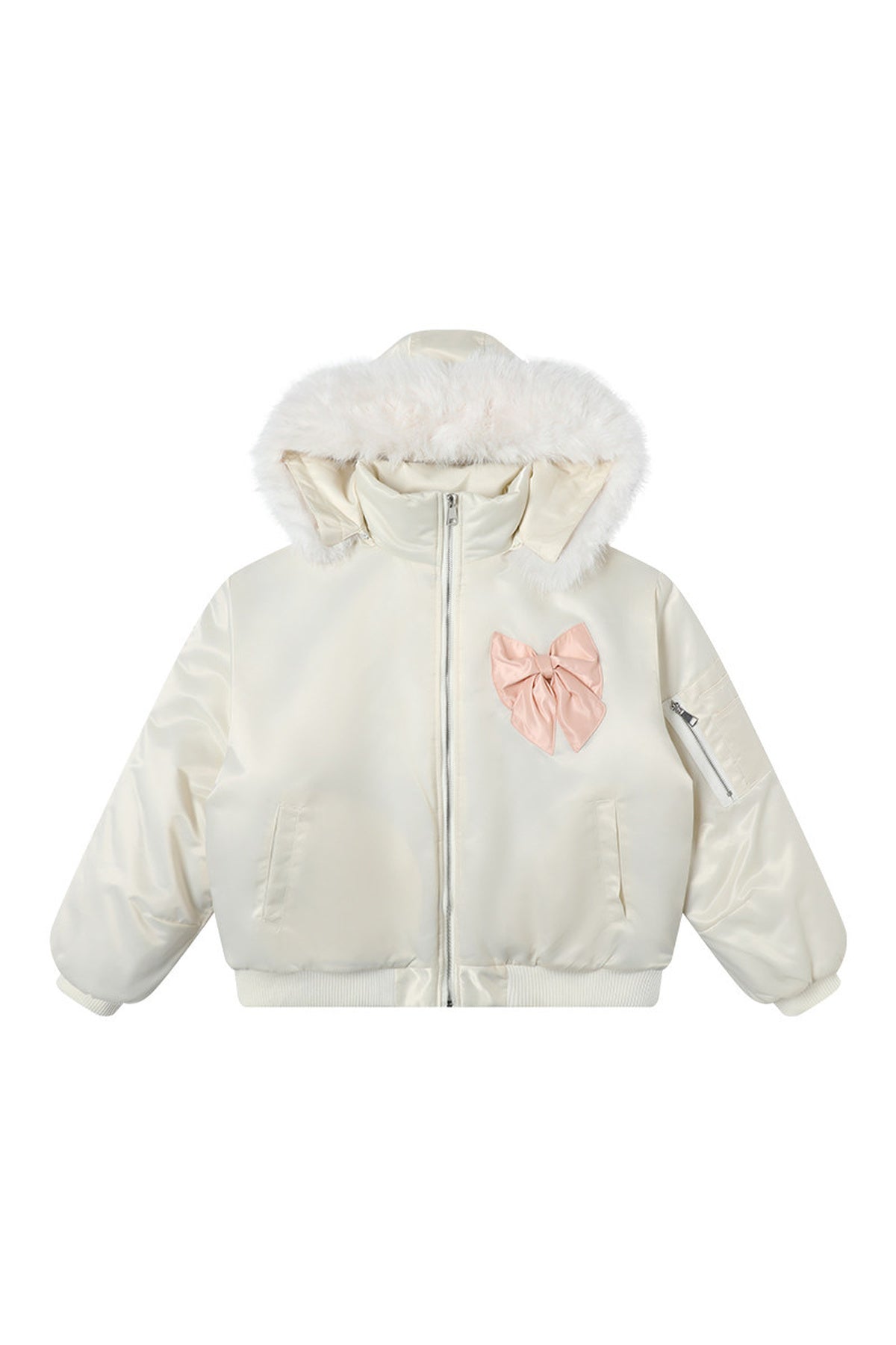 Chaqueta bomber con capucha de pelo y lazo